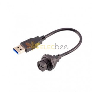 Waterproof Type C Female Back mount Receptacle to USB 3.0 Male Overmolded Cable 50cm