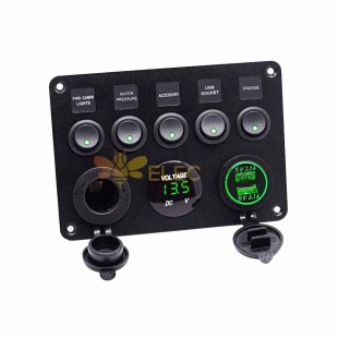 Panel de interruptor basculante de mirilla para coche, barco, RV, resistente al agua, 12-24V, 5 posiciones, con cargador de luz verde USB Dual, voltímetro