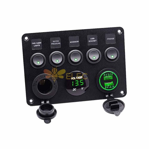 Panel de interruptor basculante de mirilla para coche, barco, RV, resistente al agua, 12-24V, 5 posiciones, con cargador de luz verde USB Dual, voltímetro