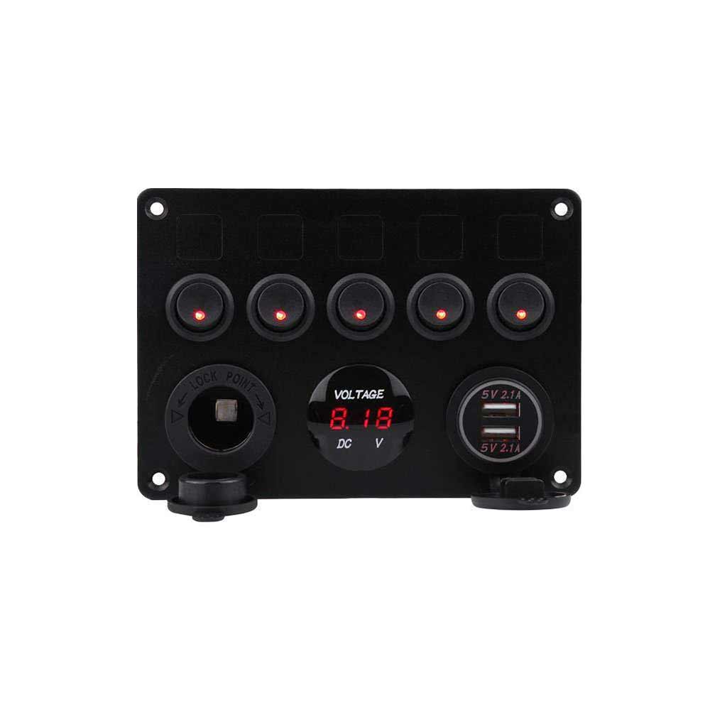 Panel combinado de interruptor basculante para coche, barco, RV, resistente al agua, 12-24V, 5 posiciones, con cargador USB Dual, voltímetro de luz roja