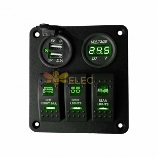 3-Gang Car Yacht Rocker Switch 5P Aluminum Alloy Panel Combination Switch with USB Car Charger and Voltage Display Green Light