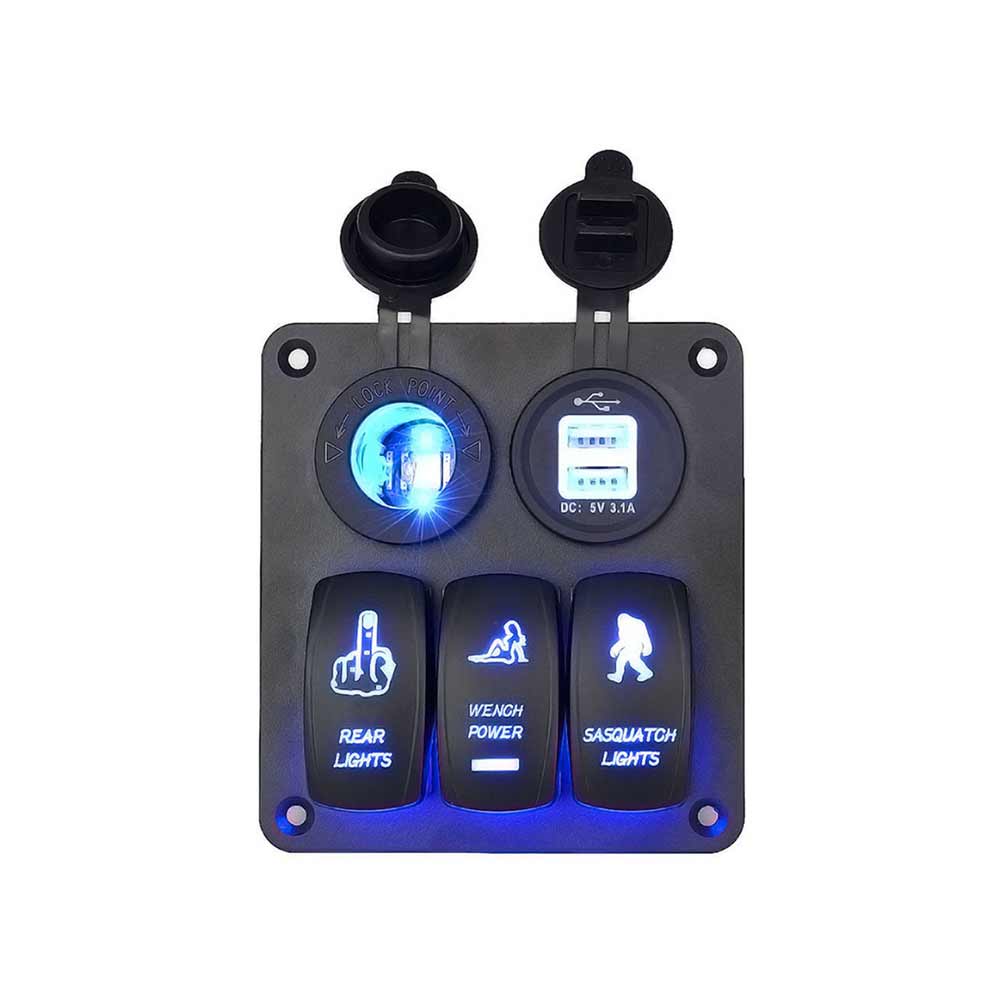 3 Way Toggle Switch Panel for Cars with Dual USB Charger LED Power Display Cigarette Lighter Blue Light