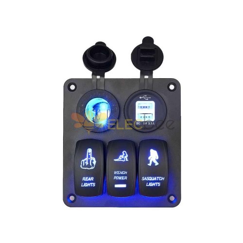 Panel de interruptor de palanca de 3 vías para automóviles con cargador USB dual Pantalla de alimentación LED Encendedor de cigarrillos Luz azul