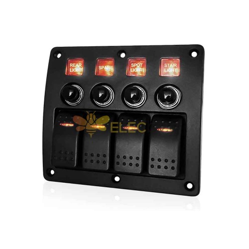 4 Gang Otomotiv Geçiş Rocker Anahtarı Paneli Aşırı Yük Koruyucu DC12V/24V Kırmızı LED Işık