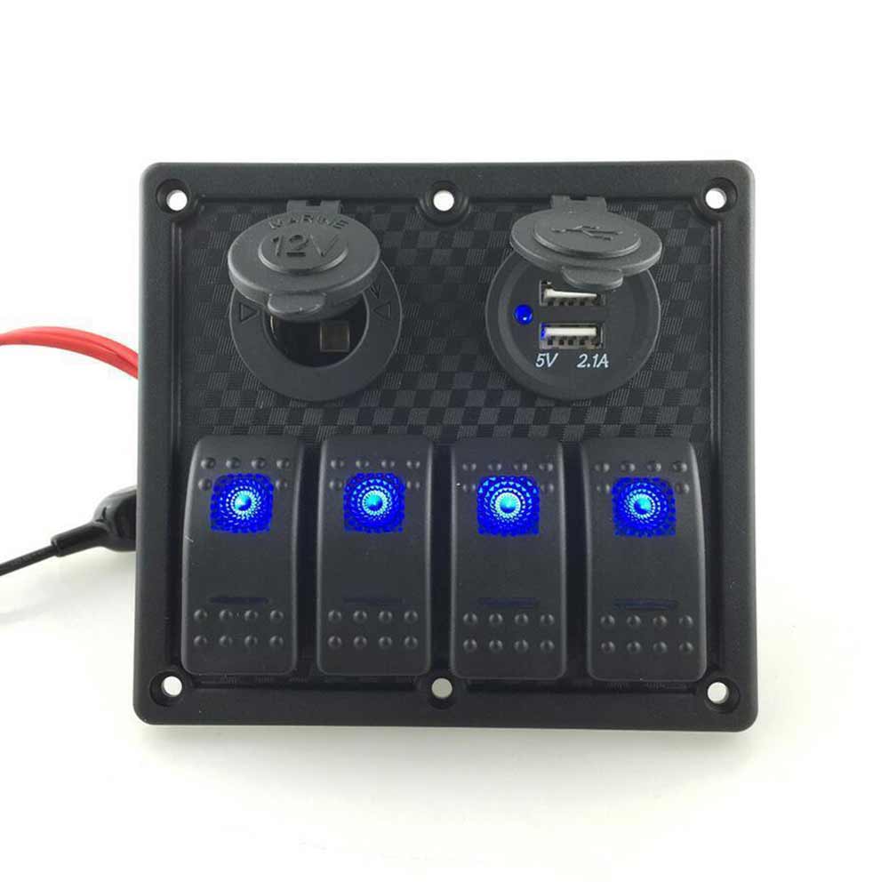 Panel de interruptor de luz antiniebla de 4 bandas con control de luz Cargador de coche USB Toma de corriente Encendedor de cigarrillos Impermeable Adecuado para vehículo Luz LED azul