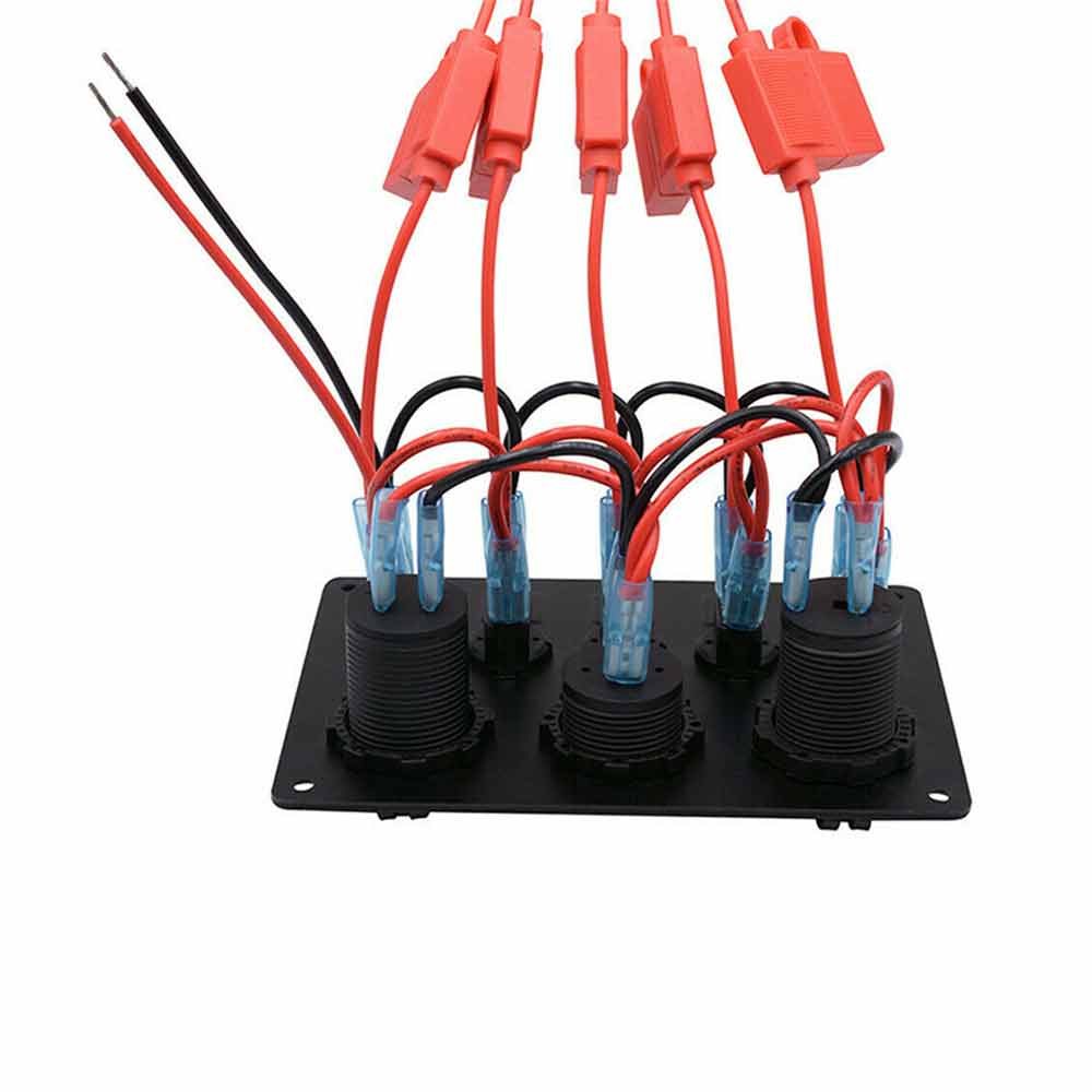 Panel de interruptor basculante de inclinación de barco de 5 bandas con luz roja, cargador de coche USB Dual, voltímetro, encendedor de cigarrillos, fusible, placa de aluminio