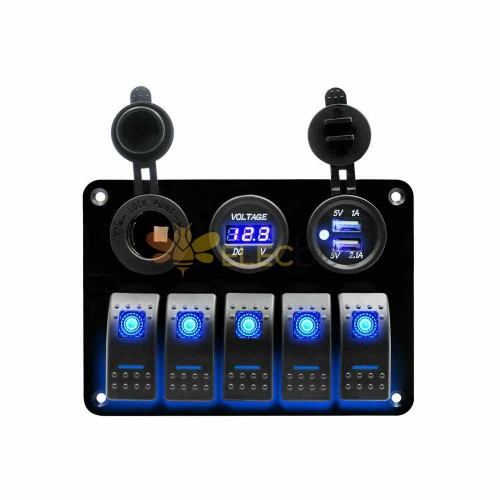 Panel de interruptor basculante para barco de 5 posiciones, cargador USB incorporado, voltímetro, pantalla, interruptor basculante para barco con luz LED azul