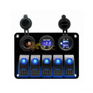 5-Position Waterproof Boat Style Switch Panel Combination Yacht Cruise Ship RV USB Charger Voltmeter LED Blue Light