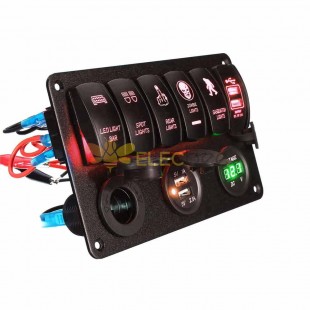 6 Gang Automotive Toggle Rocker Switch Panel Cigarette Lighter Dual USB Port Voltmeter Waterproof DC12V/24V Red LED Light
