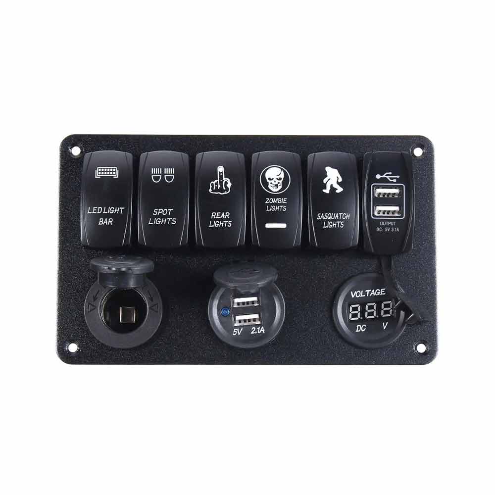 Panel de interruptor basculante automotriz de 6 entradas, encendedor de cigarrillos, voltímetro con puerto USB Dual, resistente al agua, luz LED roja DC12V/24V