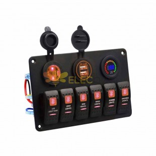 6 Gang Automotive Toggle Rocker Switch Panel Dual USB Cigarette Lighter Waterproof DC12V/24V Red LED Light