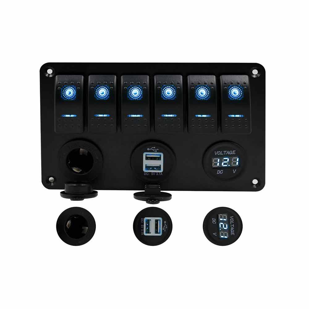 Panel de interruptor basculante para barco de 6 bandas, voltímetro, alimentación USB, interruptores de palanca marinos, LED azul