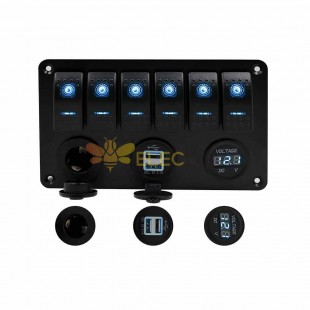 6 Gang Toggle Switch Panel for Cars and Boats Waterproof Illuminated Cigarette Lighter Voltmeter Dual USB Port LED Blue Light
