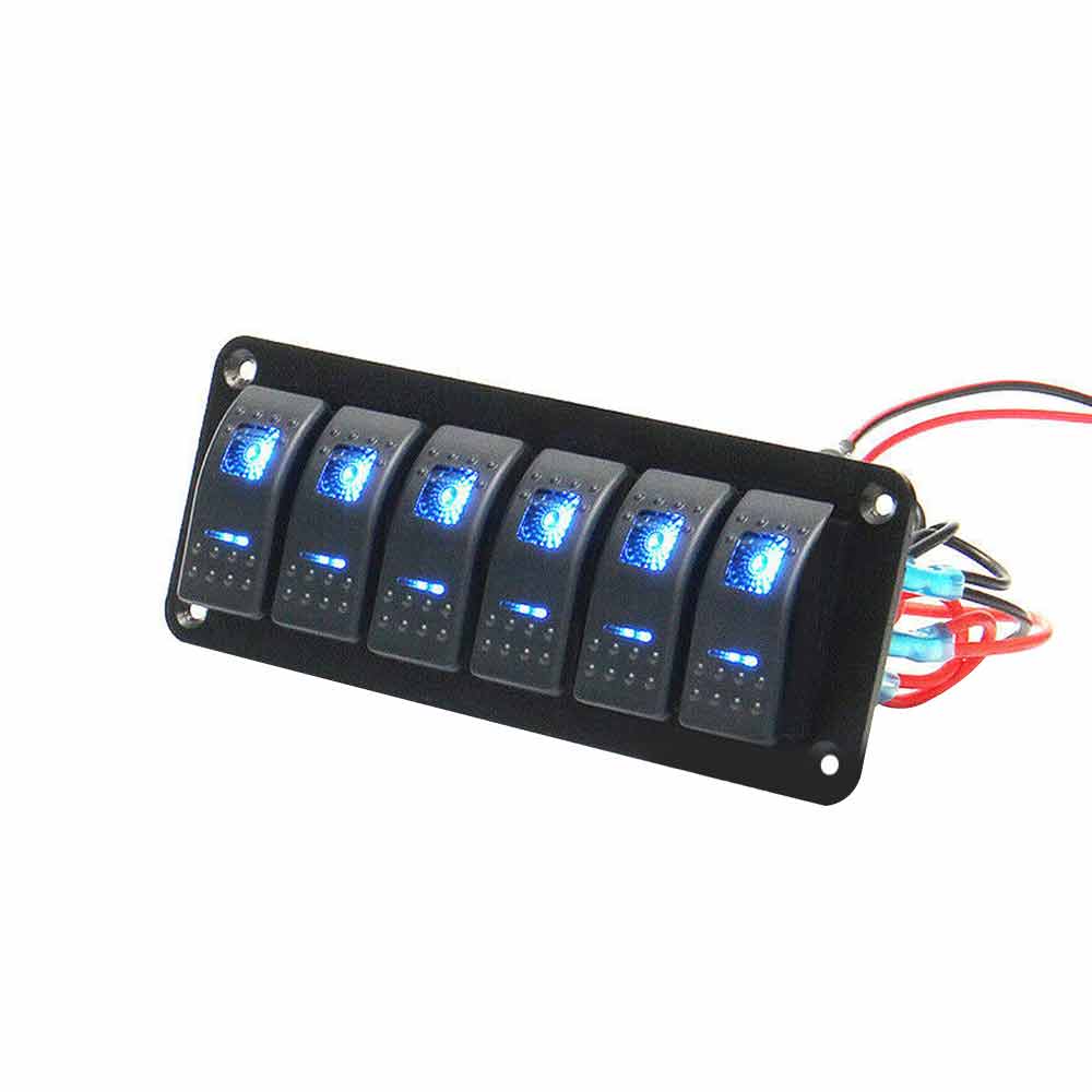 Panel de interruptor eléctrico para coche, RV, camión, 6 vías, interruptores basculantes, LED azul