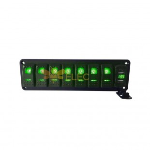 7 Gang Switch Panel with 5-Pin Combination Switches Universal Boat Car Voltage Display 4.8A Dual USB - Green Light