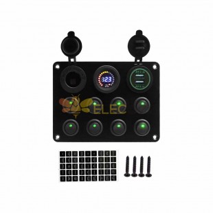 8 Key Cat Eye Rocker Switch Panel with Dual USB Voltage Display Cigarette Lighter for Cars RVs Yachts Green Light