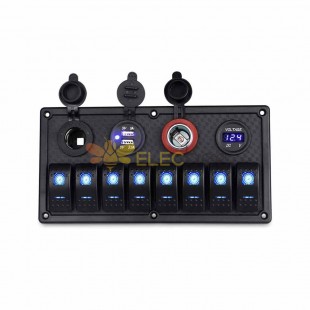 Painel de controle de combinação de 8 interruptores para carros, caravanas, iates com portas USB duplas, display digital de tensão, soquete de isqueiro de carro, iluminação azul