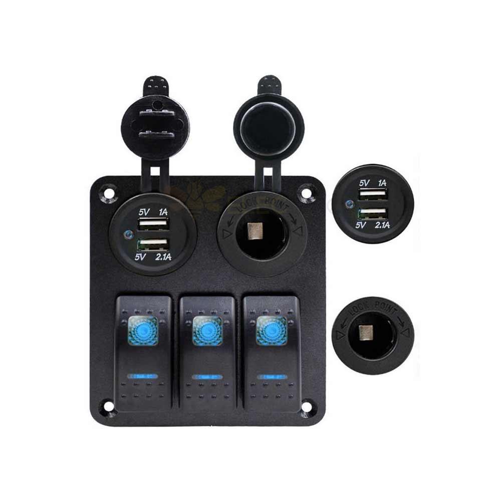 Caravan Rocker Switch Panel with Dual USB Ports 3.1A Mobile Charger Cigarette Lighter Powered - Blue Glow