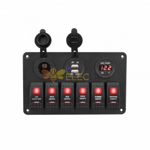 Automotive Toggle Rocker Switch Panel 6 Gang Switches Dual USB Power Supply Waterproof DC12V/24V Red Light