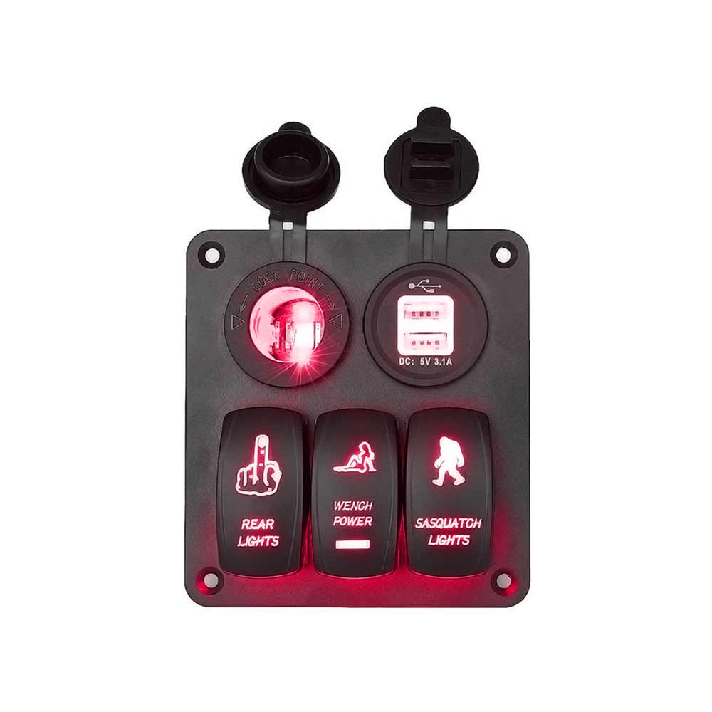 Automotive Toggle Switch Panel with USB Charging Ports LED Indicators 3 Way Multiple Switch Combinations Red Lights
