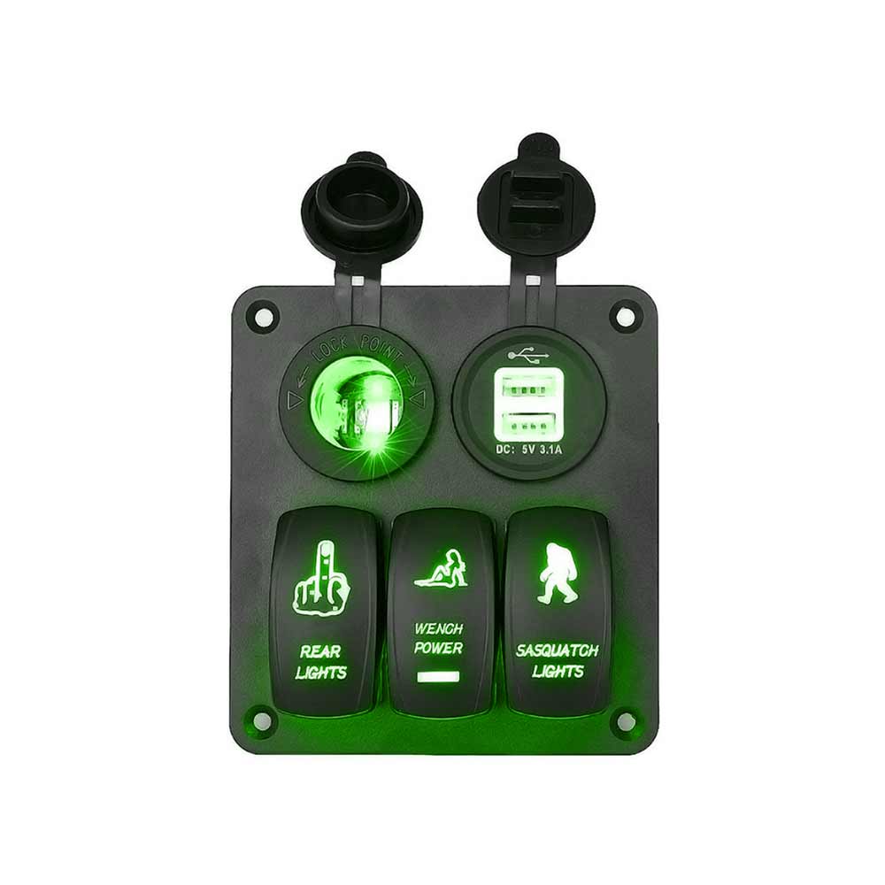 Araba 3 Yollu Rocker Anahtarı Combo Paneli Ikiz USB Şarj Cihazı LED Gerilim Ekran Çakmak Yeşil Aydınlatma