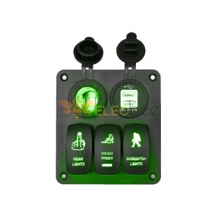 Car 3-Way Rocker Switch Combo Panel with Twin USB Charger LED Voltage Display Cigarette Lighter Green Lighting