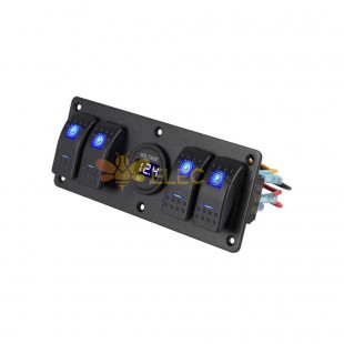 Car Boat Yacht Switch Panel Multi-function 4 Way Rocker Switch Voltmeter Display Blue Light