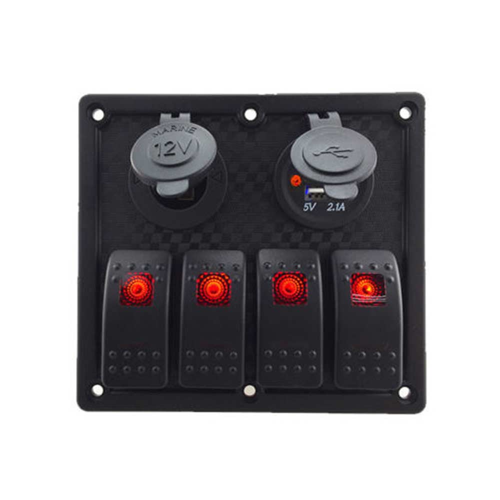 Car Fog Light Switch Panel 4 Way Waterproof Switches USB Car Charger Cigarette Lighter Socket Fits Various Vehicle Models Red LED