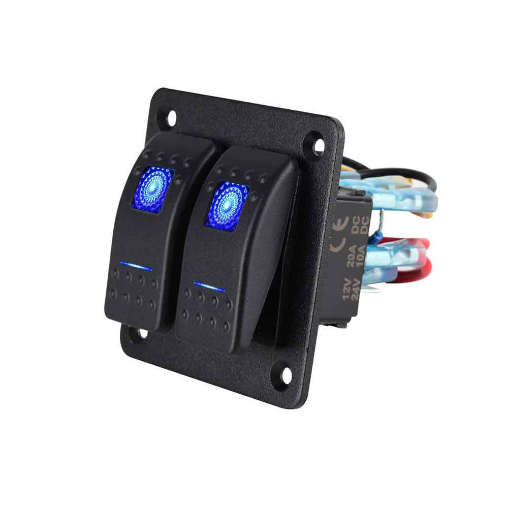 Car LED Rocker Switch Panel 2 Gang Boat-style Power Control with Blue Lights for RV Golf Cart