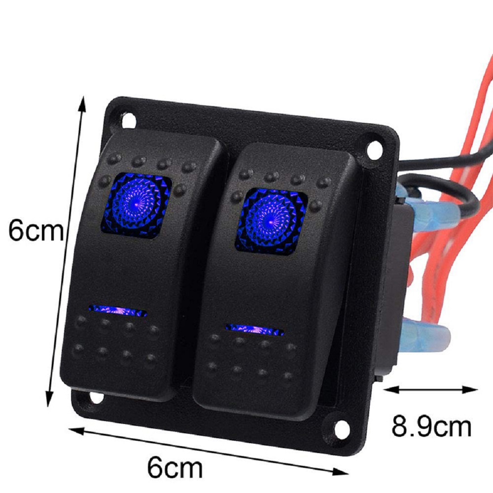 Car LED Rocker Switch Panel 2 Gang Boat-style Power Control with Blue Lights for RV Golf Cart