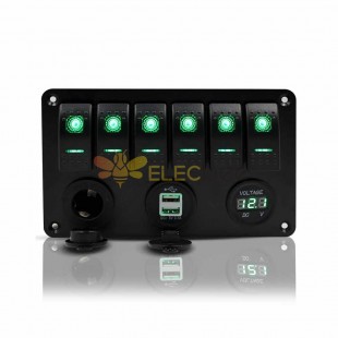Panel de interruptores para coche, RV, camión, 6 vías, Panel eléctrico RV, voltímetro, USB Dual, LED verde