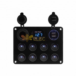 Car RV Yacht Switch Panel Combo with 8 Key Cat Eye Rocker Switches Dual USB Voltage Display 12 24V Cigarette Lighter Blue Light