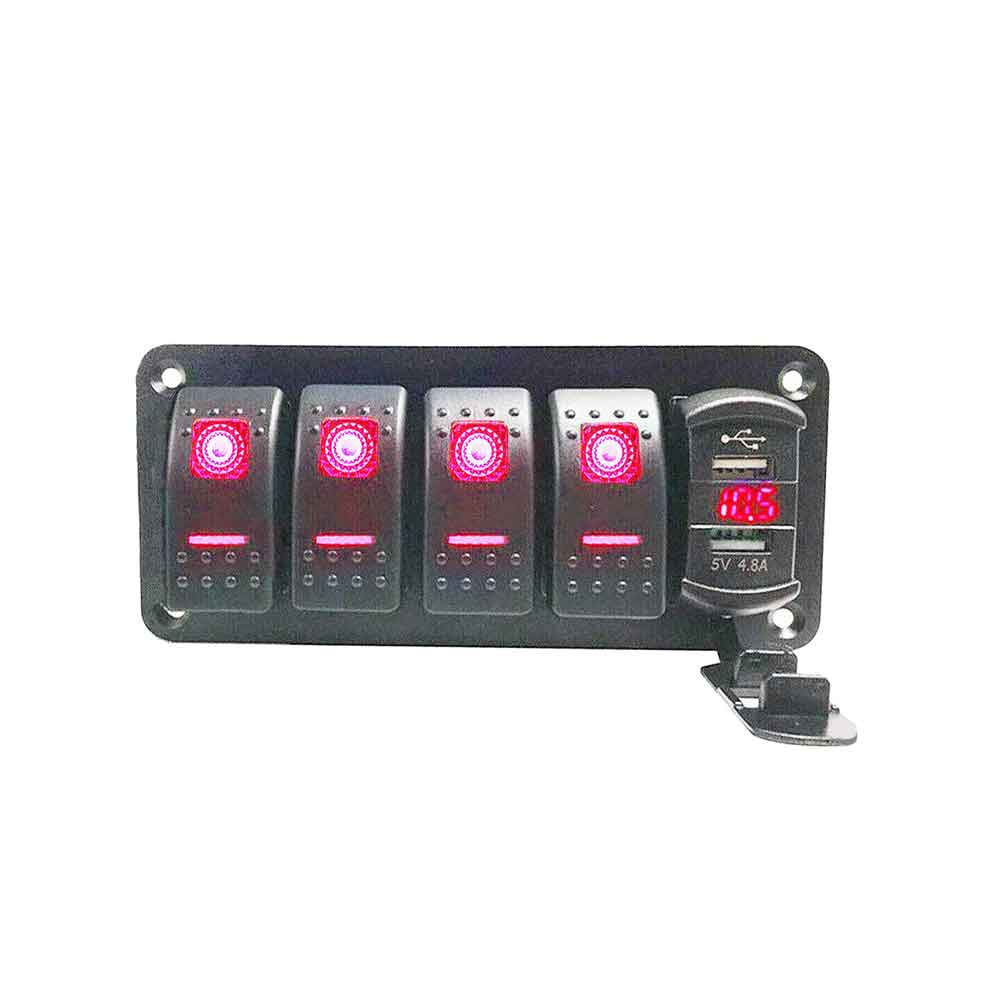 해양 등급 방수 보트 로커 스위치 패널 4 웨이 동적 RGB LED 표시기 내장 20A 고전류 출력 듀얼 USB 고속 충전 포트-빨간색