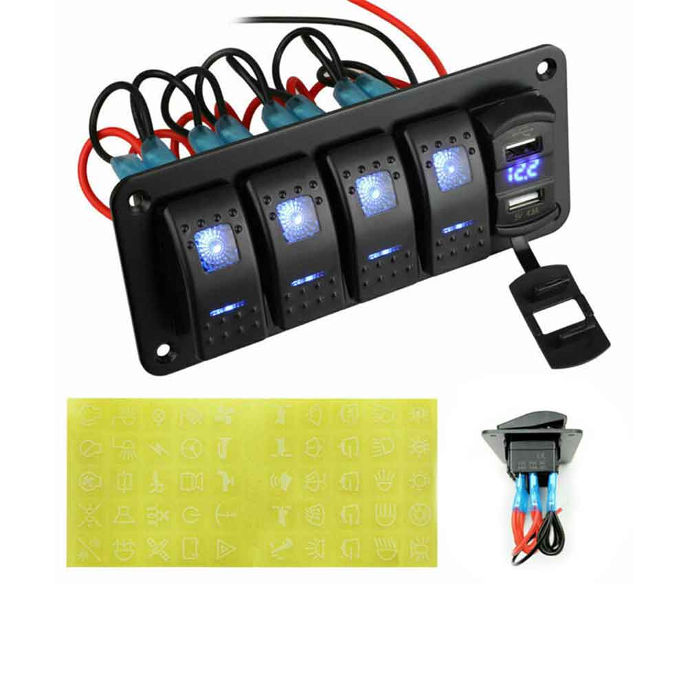 Panel de interruptor basculante para barco a prueba de agua de grado marino Indicadores LED RGB dinámicos de 4 vías Salida de alta corriente incorporada de 20 A Puertos de carga rápida USB duales - Rojo