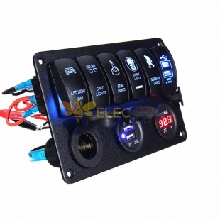 다기능 RV 자동차 보트 요트 6 웨이 로커 스위치 패널 담배 라이터 전압계 듀얼 USB 포트 DC12V/24V 파란색 LED 빛