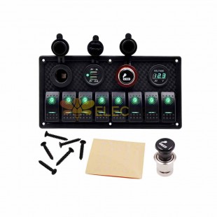 Multi functional 8 Position Universal Boat Rocker Switch Panel for Cars Boats with Dual USB Voltage Meter Cigarette Lighter Green Light