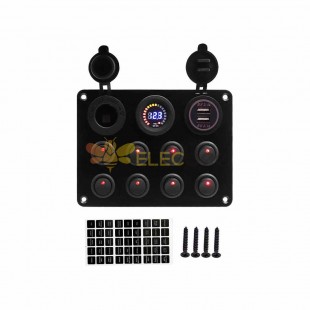 Multi Functional 8 Switch Cat Eye Rocker Switch Panel with Dual USB Ports Digital Voltage Display for Caravans Yachts Car Modifications Red Illumination