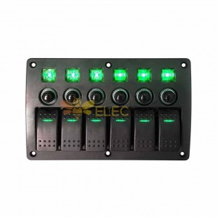 Rocker Switch Panel 6 Gang Overload Protection Vehicle Boat RV Electrical Panel 12-24V -Green
