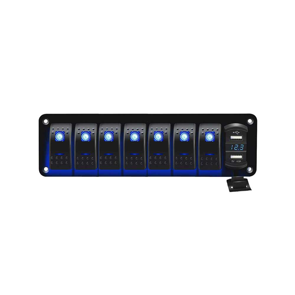 범용 방수 7 위치 보트 자동차 스위치 패널(조합 스위치 포함) 5핀 듀얼 USB 전압 디스플레이 4.8A - 청색광