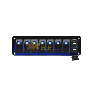 Universal Waterproof 7 Position Boat Car Switch Panel with Combination Switches 5-Pin Dual USB Voltage Display 4.8A - Blue Light