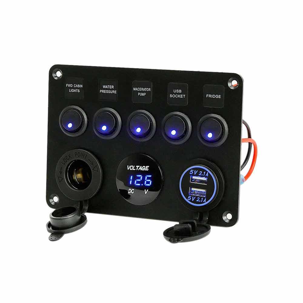듀얼 USB 충전기 푸른 빛 전압계와 방수 12-24V 5 갱 보트 자동차 RV 로커 스위치 패널