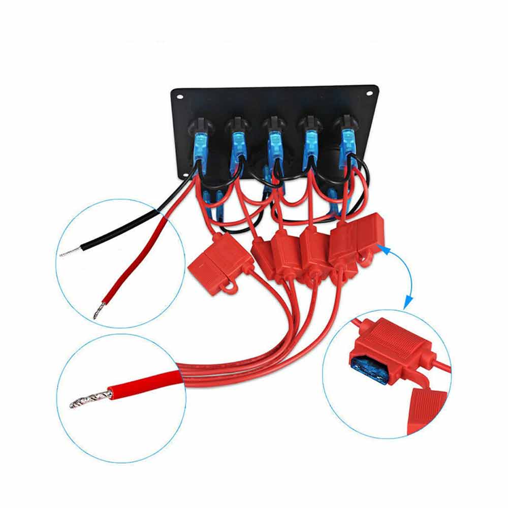 Panel de interruptor basculante impermeable para barco, coche, RV, 12-24V, 5 unidades, con cargador USB Dual, voltímetro de luz azul