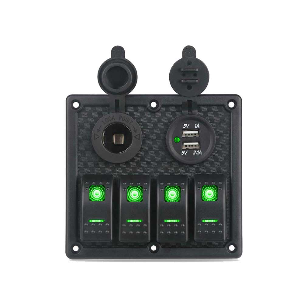 Wasserdichtes 4-Wege-Auto-Nebelscheinwerfer-Wippschalterfeld, Lichtsteuerung, USB-Ladesteckdose, grüne Lichter