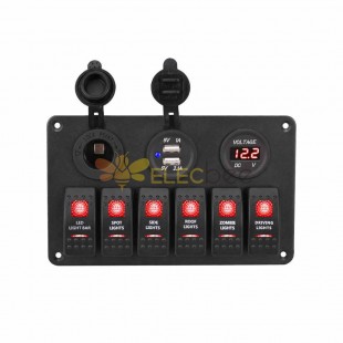 Waterproof 6 Gang Automotive Toggle Rocker Switch Panel Cigarette Lighter Voltmeter Dual USB Port DC12V/24V Red LED Light