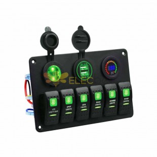 Impermeable 6 vías RVs barco yate interruptor basculante Panel voltímetro cargador USB DC12V/24V luz LED verde