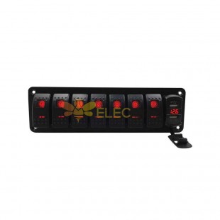 Waterproof 7-Position Universal Boat Car Switch Panel with 5-Pin Combination Switches Dual USB Voltage Display 4.8A - Red Light