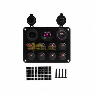 Waterproof 8 Key Cat Eye Rocker Switch Panel with Dual USB Voltage Display Cigarette Lighter for Vehicles Boats Red Light