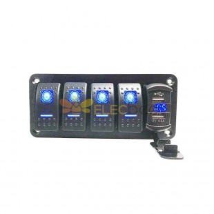 Panel de interruptor basculante para barco a prueba de agua Indicador LED de 4 dígitos Salida de alta corriente 20A Puertos de carga rápida inteligentes USB duales -Azul