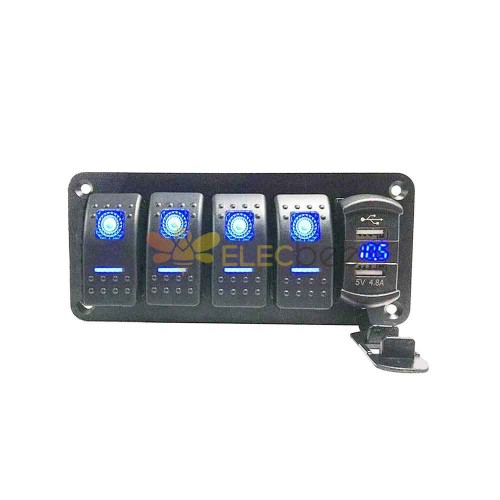 방수 보트 로커 스위치 패널 4 자리 LED 표시기 20A 고전류 출력 듀얼 USB 스마트 고속 충전 포트-블루