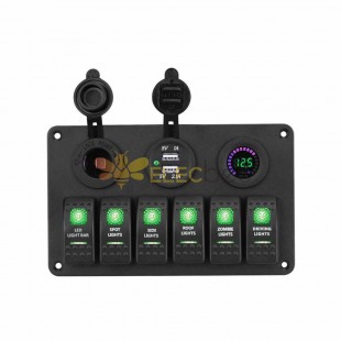 Waterproof Car And Marine 6 Way Switch Combination Panel Cigarette Lighter Dual Usb Voltmeter 12-24V Suitable For Color Screen Digital Display Green Led